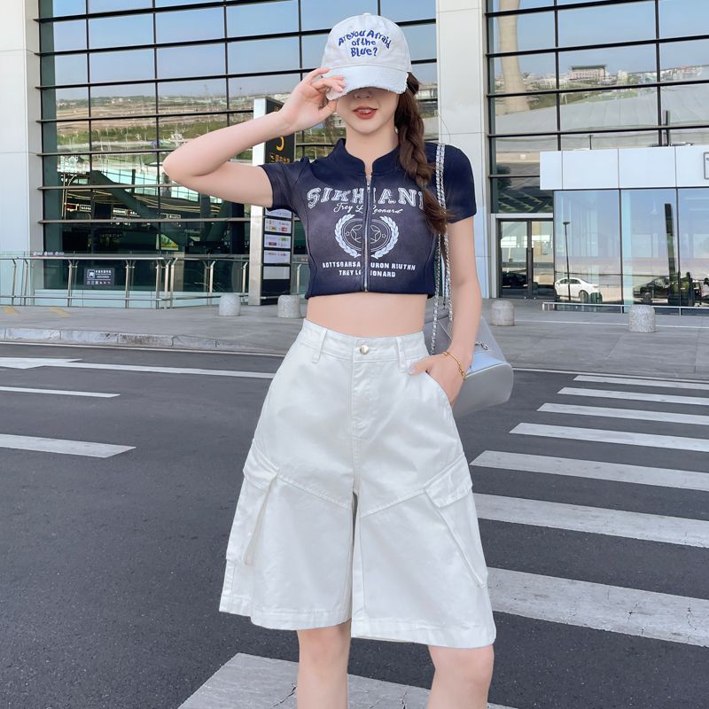 美式2025夏季新款百搭休闲五分纯色辣妹风工装裤短裤牛仔中裤女潮