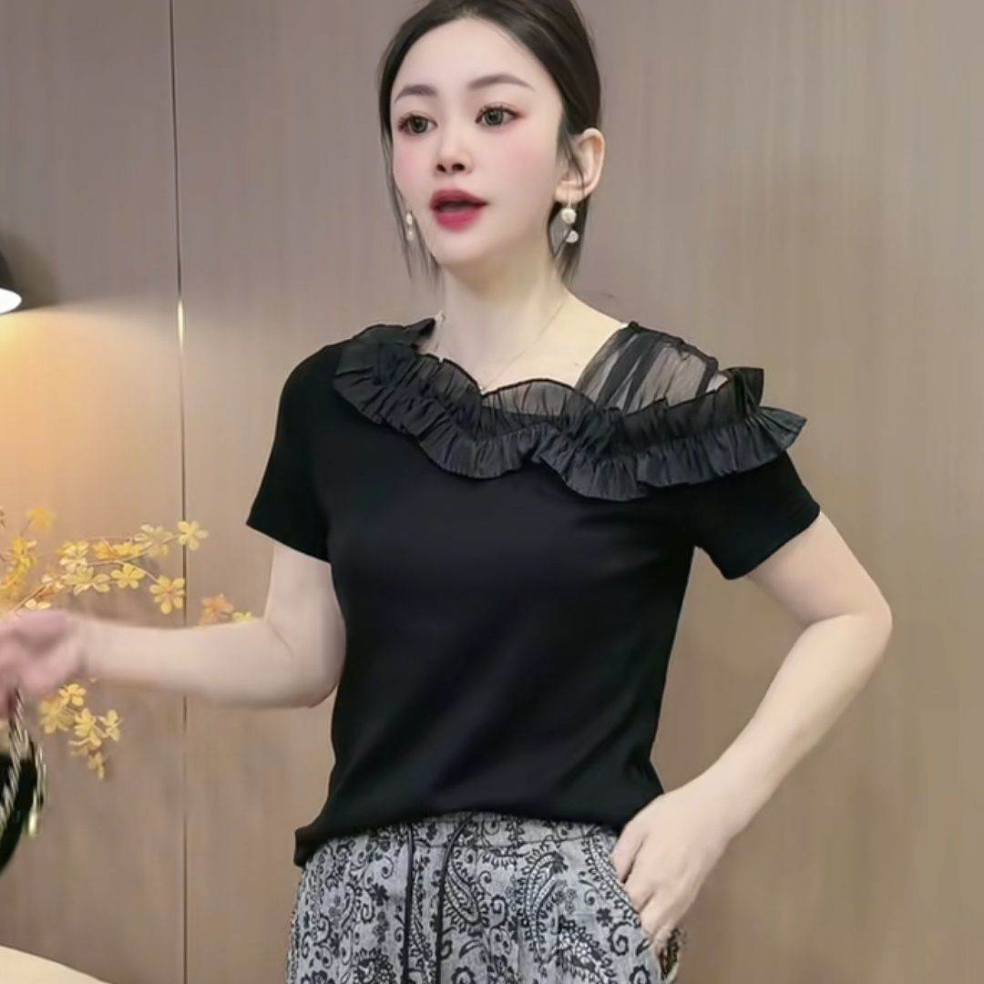 2026夏季新品夏季不规则百搭洋气设计漏肩显瘦荷叶边恤上衣女