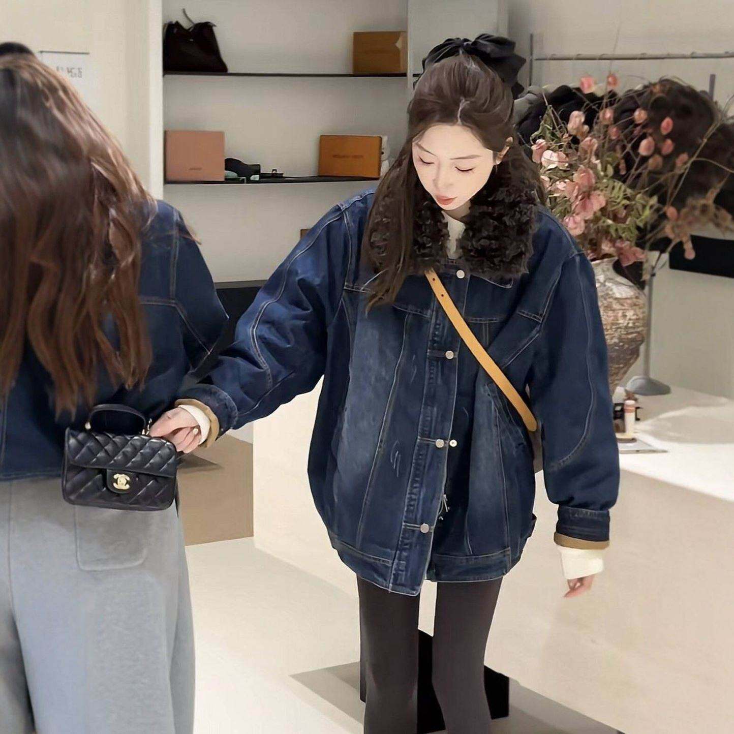 新款爆款加棉加厚牛仔外套女装冬季爆款时尚洋气保暖中长款上衣