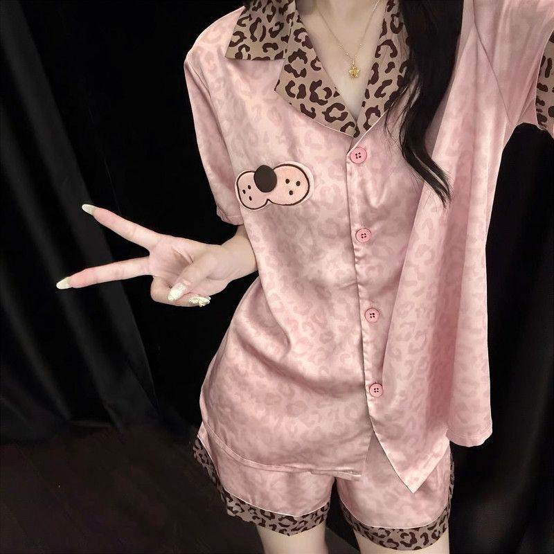 夏季冰丝睡衣女短袖短裤套装卡通粉色豹纹夏天女生甜美精致家居服