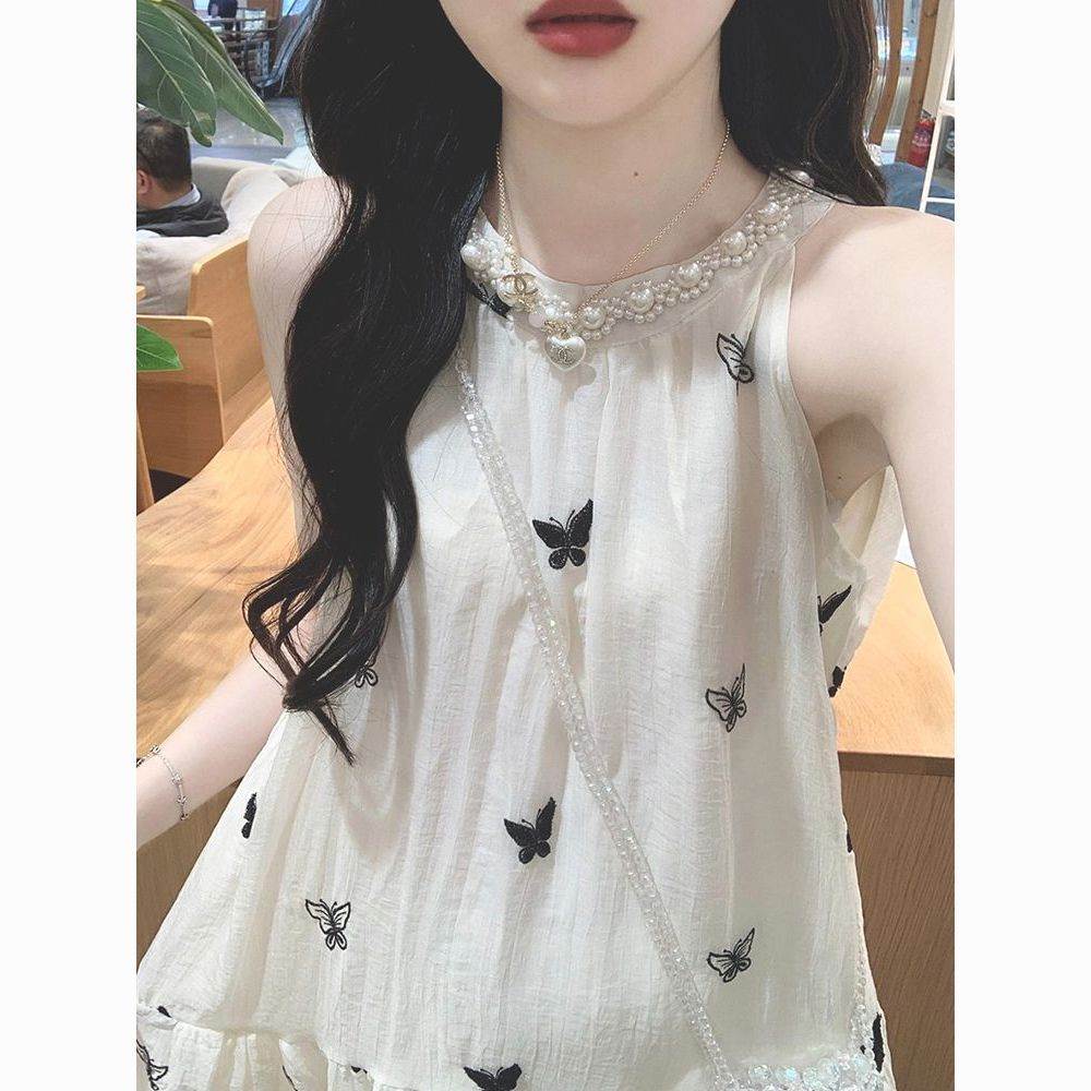 毛巾绣式初恋无袖挂脖刺绣连衣裙女夏季温柔风气质仙女绝美长裙