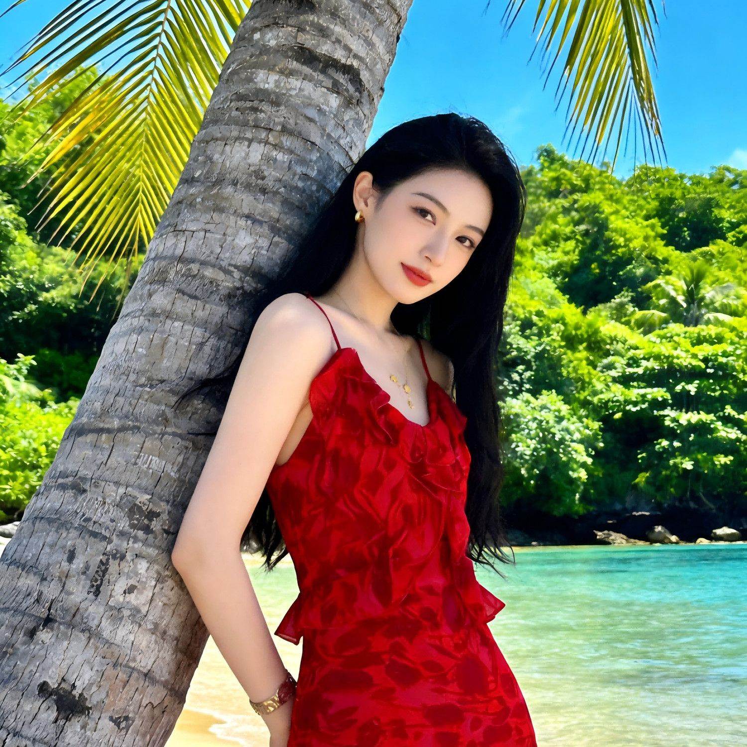 红色复古印花连衣裙修身显白梨型2026年夏季碎花雪纺吊带长裙度假