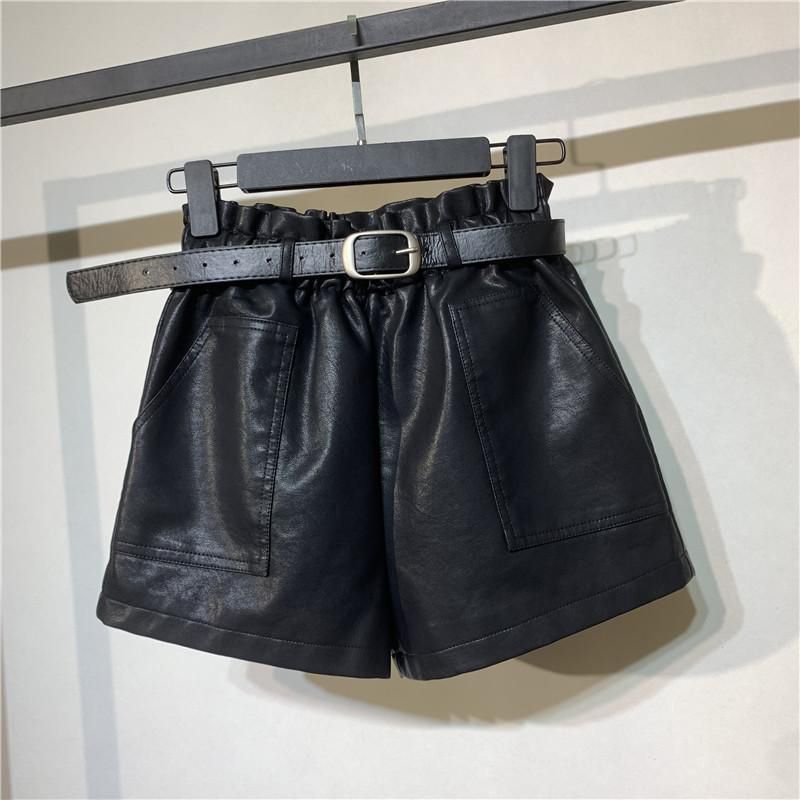 ins超火】黑色皮短裤女高腰显瘦配腰带宽松百搭外穿秋冬阔腿靴裤