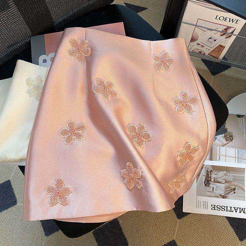 重工光泽感面料钉珠花朵显瘦包臀裙半身裙防走光裤裙女春夏
