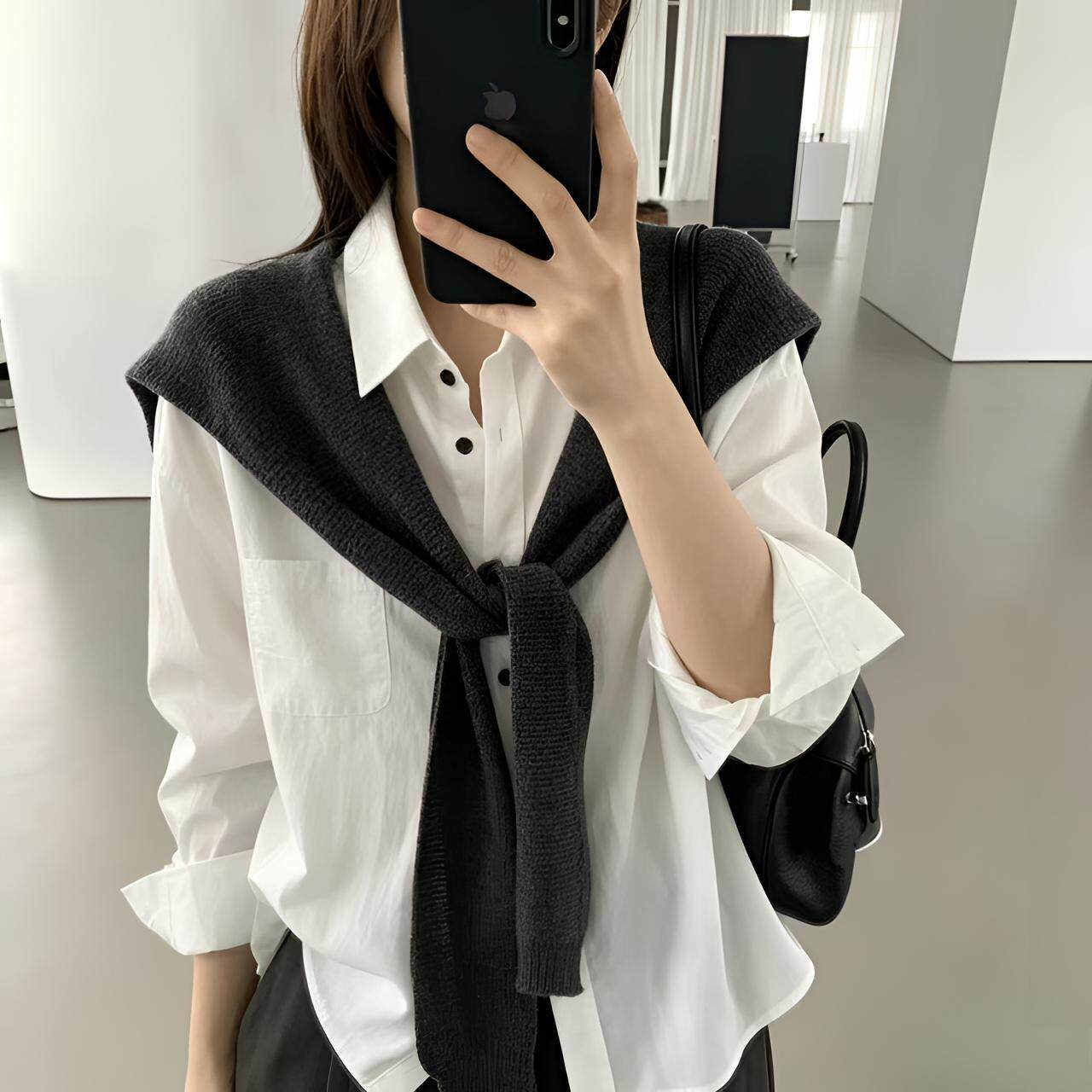 新品韩版正肩宽松配披肩衬衫两件套女夏2026秋百搭长袖衬衣小衫