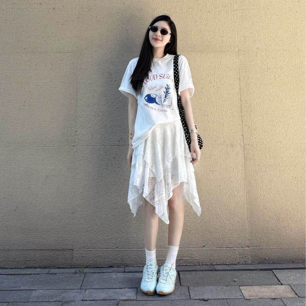 白色不规则蕾丝半身裙女2026夏季新款设计感字短裙小众宽松裙子