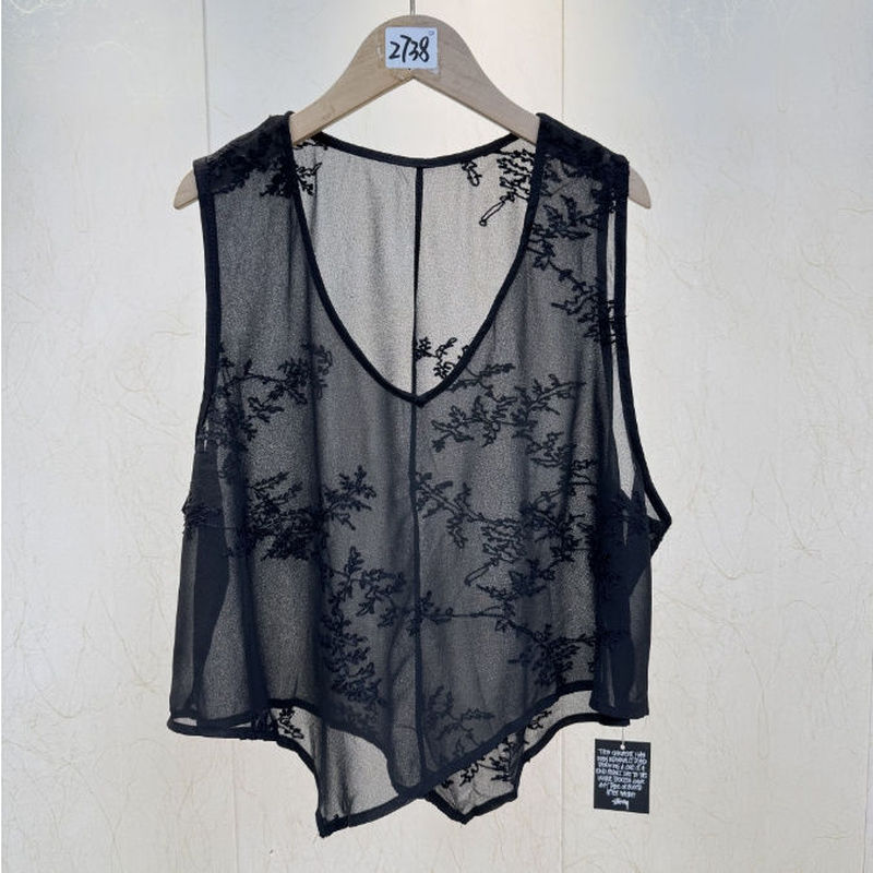 2738夏季新款不对称透视蕾丝上衣刺绣背心马甲显瘦镂空蕾丝马甲