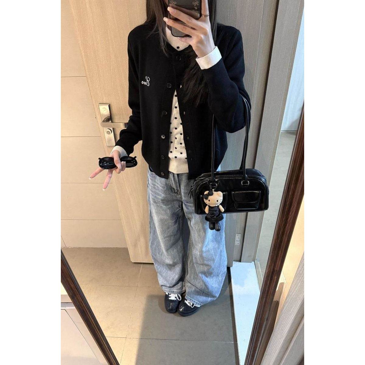 美式复古拼接假两件纽扣针织开衫女秋冬外穿毛衣显瘦修身设计外套
