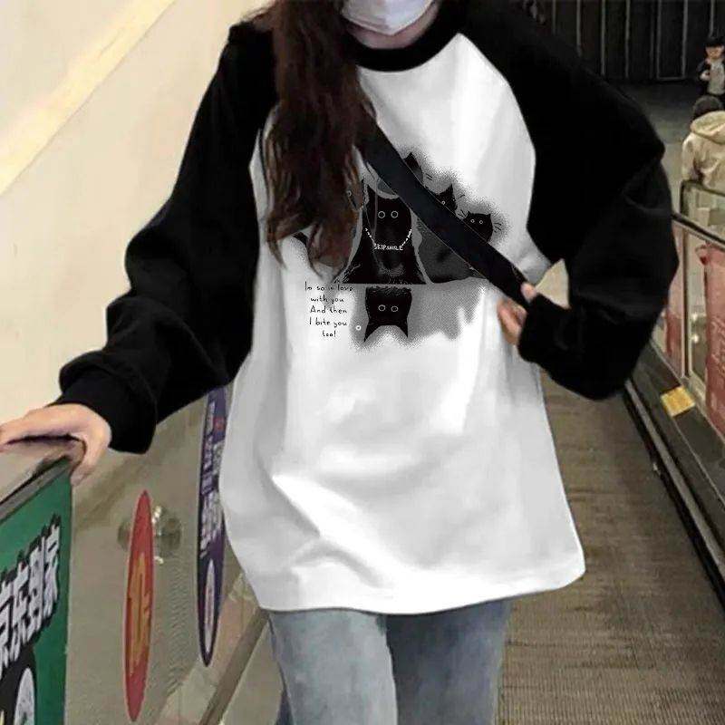 秋冬黑白拼色插肩长袖圆领恤女宽松百搭休闲胖中长款上衣潮