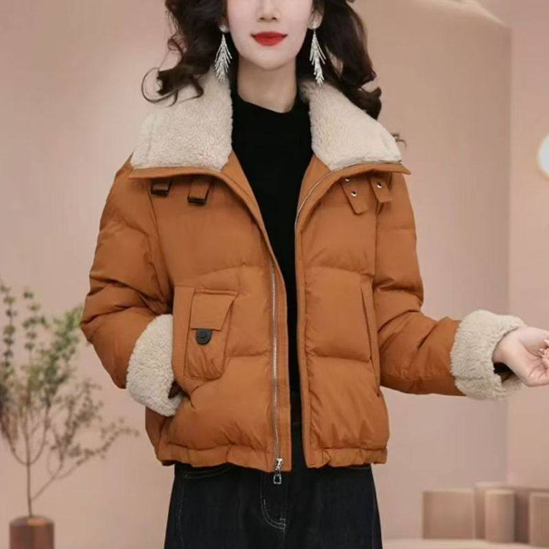 羊羔毛拼接PU皮棉衣女2025冬季新款小个子短款洋气保暖棉袄外套潮