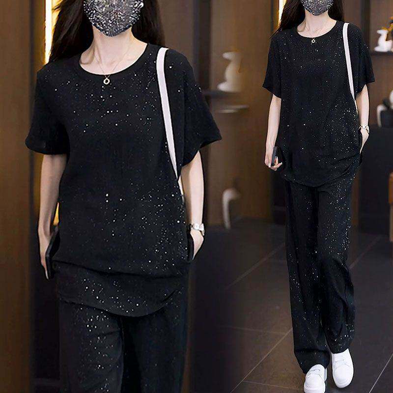 胖遮肚显瘦套装夏季大码女装简约烫钻上衣直筒裤休闲减龄两件套