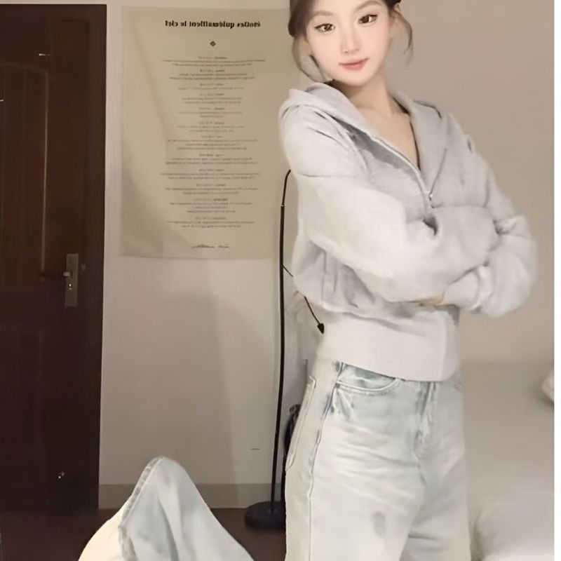 灰色正肩短款卫衣外套女春秋季修身美式复古新款辣妹连帽开衫上衣