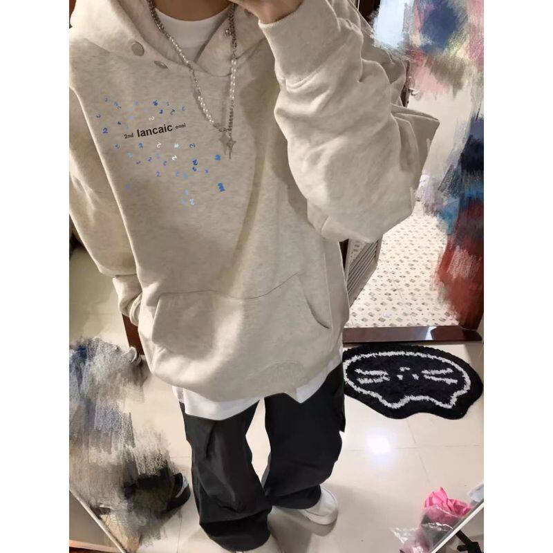 美式高街白灰色连帽卫衣男女秋冬季潮牌小众设计感加绒外套上衣