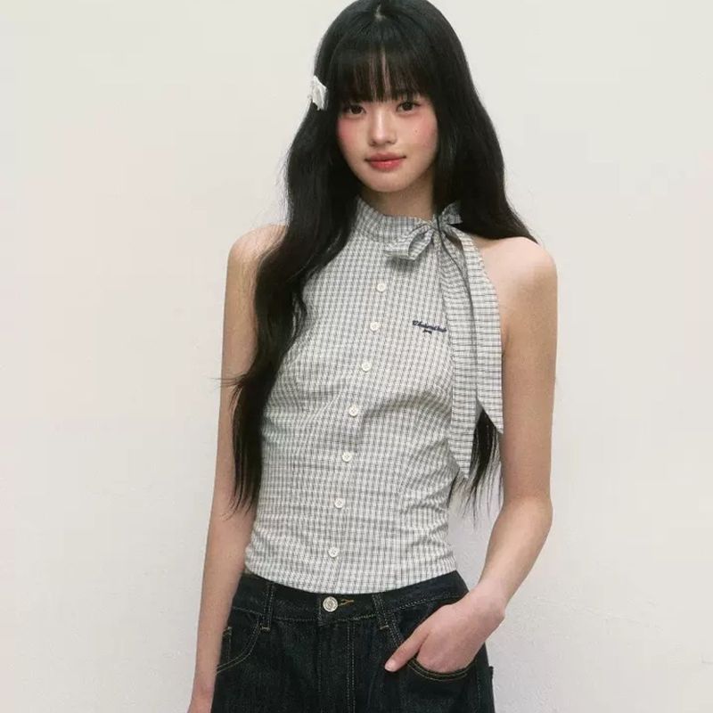 美式格子挂脖上衣女无袖高级感露肩绝美法式背心女夏修身百搭外穿