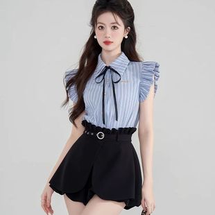 短裤 学院风休闲时尚 高级感甜美小个子蓝色条纹衬衫 套装 两件套 夏季