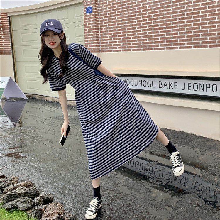 棉质条纹连衣裙女夏季休闲宽松大码遮肚子过膝收腰显瘦长款恤裙