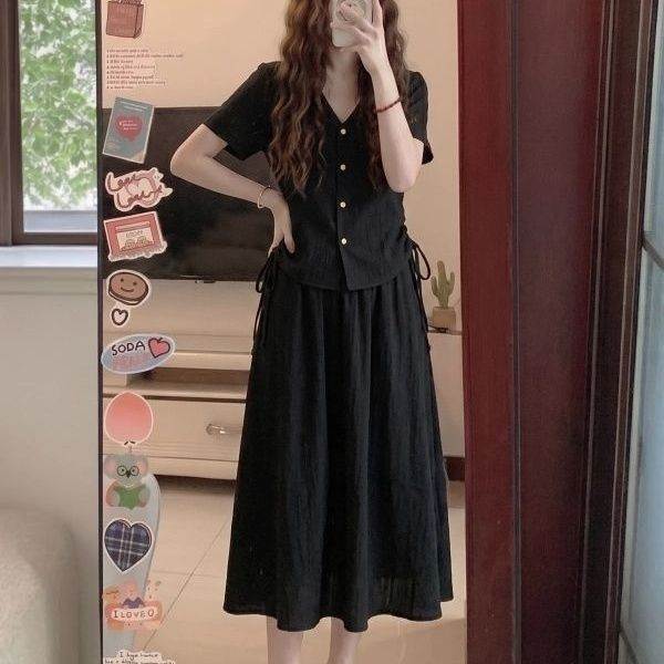 大码女装胖巨显瘦黑色套装裙2026超火夏装一整套穿搭遮肉两件套