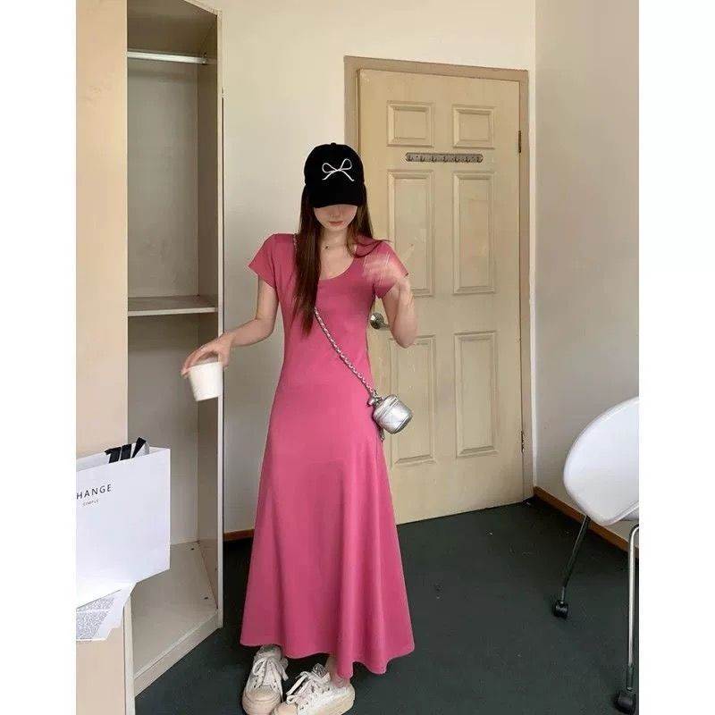 简约纯色领连衣裙女漏锁骨气质显瘦收腰休闲百搭短袖裙子夏季