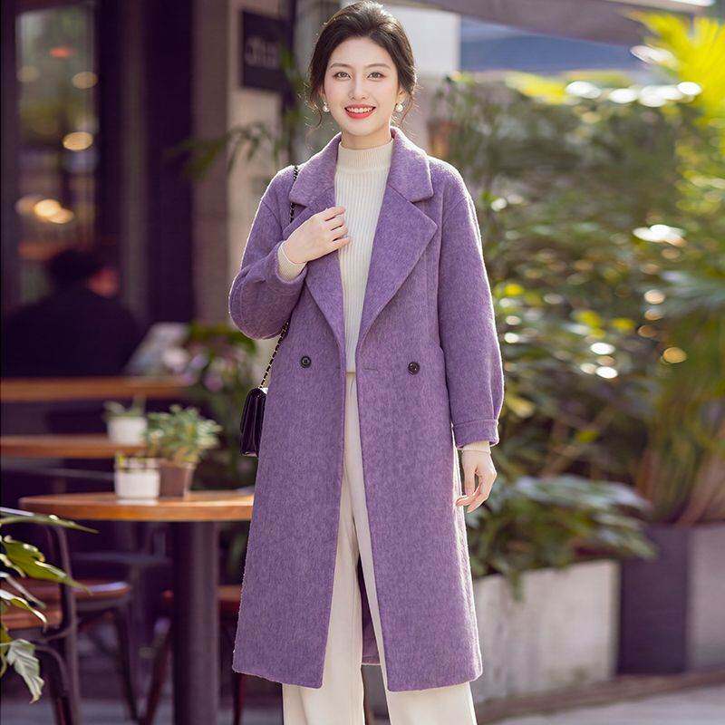 紫色长款落肩袖羊绒大衣女士秋冬款高档西装领保暖手工双面呢外套