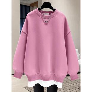 粉色假两件卫衣女加绒2025新款春秋冬季薄款慵懒风宽松套头中长款