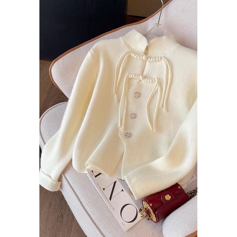 新中式国风盘扣立领毛衣开衫女秋季新款复古不规则针织衫内搭上衣