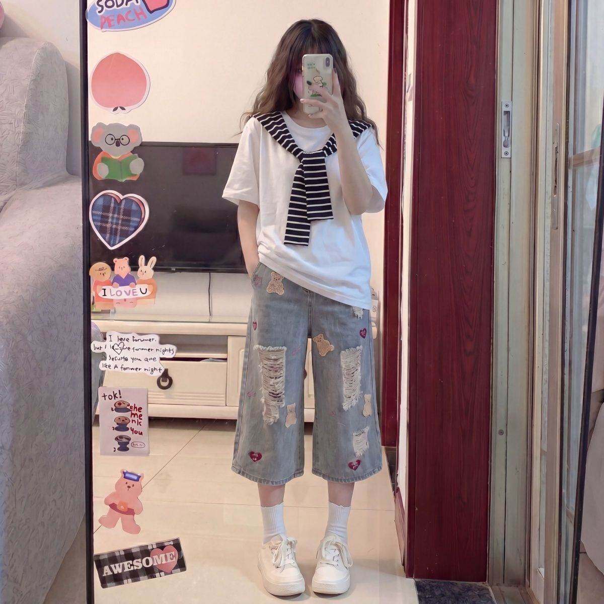初中生女夏套装棉质披肩短袖恤七分牛仔裤休闲运动套装女一整套