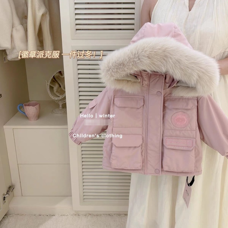 2025女童韩版大毛领连帽派克服儿童中长款新款加绒保暖外套外穿潮