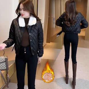 加绒加厚皮衣棉服女2025冬季新款洋气小个子短款保暖菱格棉衣外套