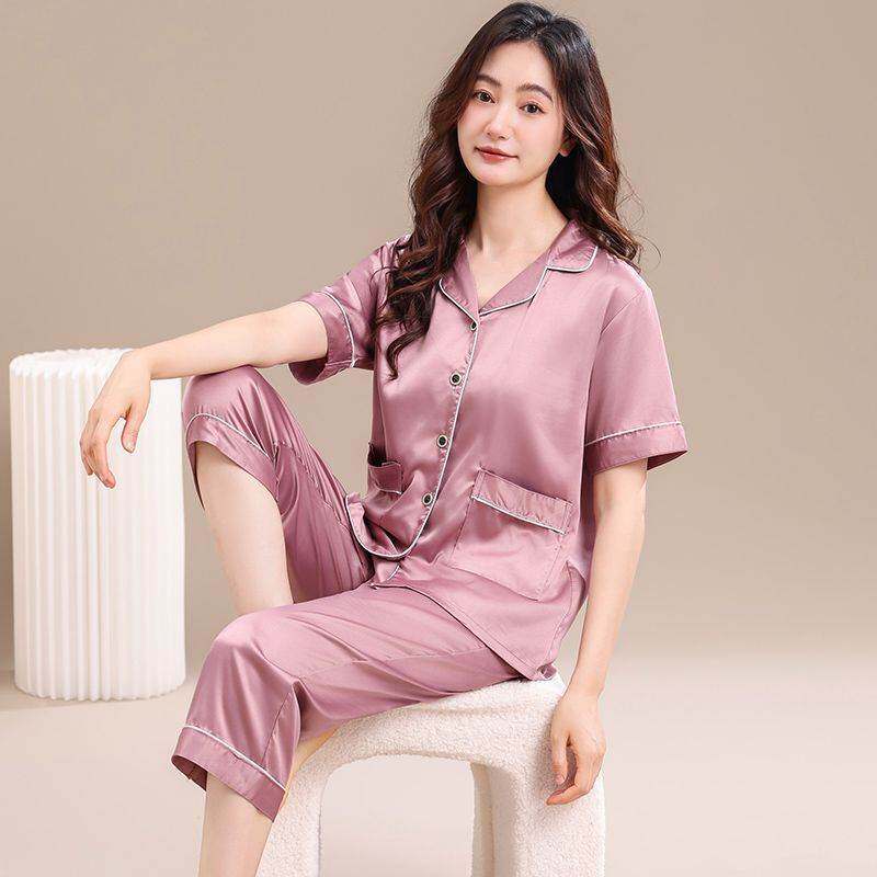 睡衣女士夏季冰丝2026新款短袖七分裤夏天薄款仿真丝绸妈妈家居服