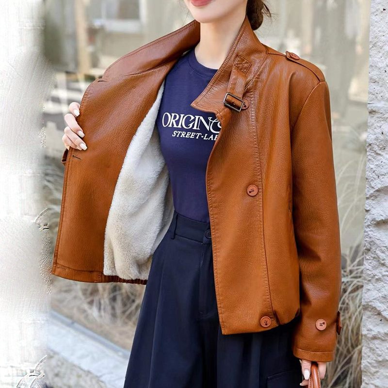 加绒加厚皮衣外套女短款2025秋季新款立领气质酷飒风复古PU皮夹克