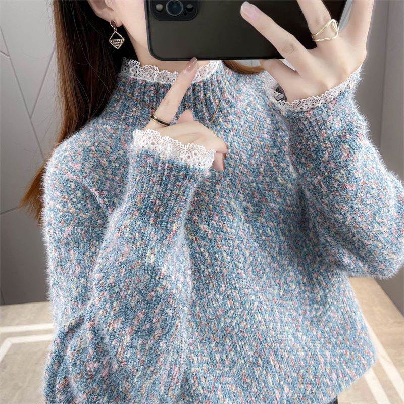 雪尼尔2026年新款蕾丝领假两件毛衣女外穿加厚宽松秋冬套头半高领