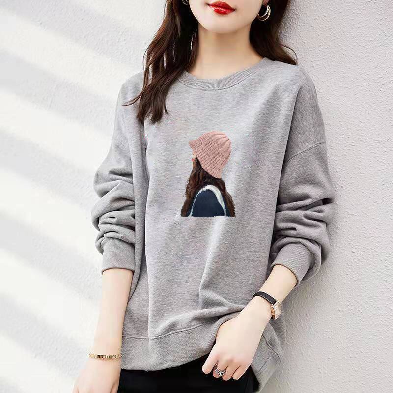 无帽圆领卫衣女装春秋季薄款大码宽松慵懒风休闲百搭印花长袖上衣