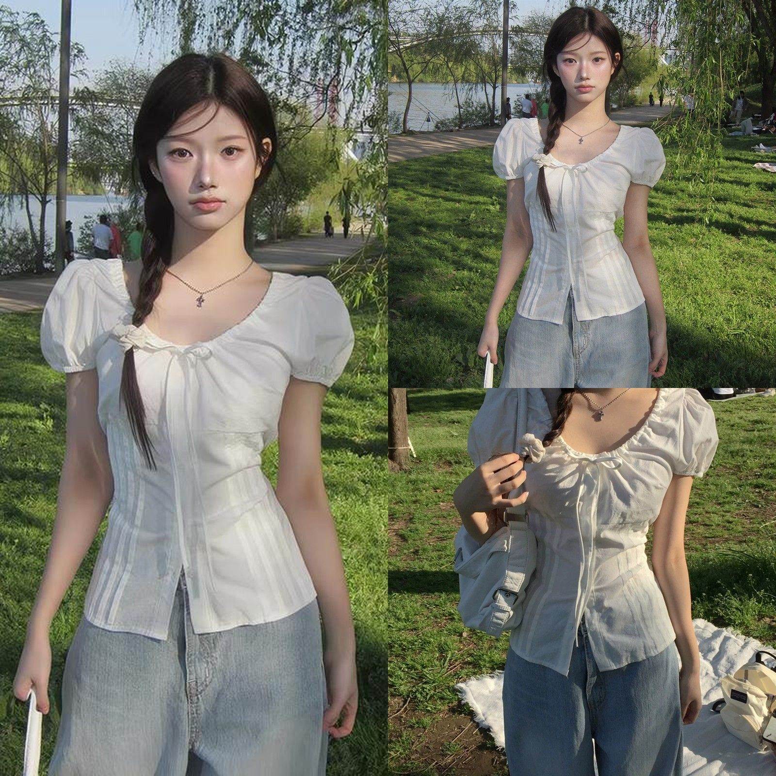 韩系甜美棉白色泡泡袖衬衫女夏季系带收腰修身短袖衬衣短款上衣