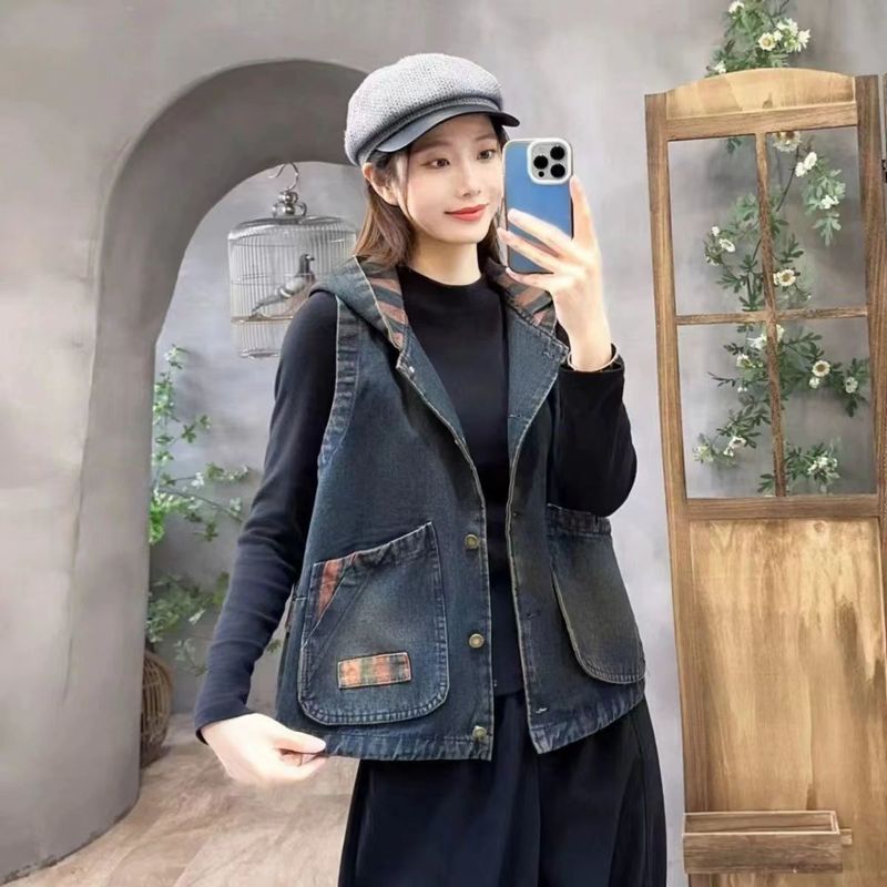 连帽牛仔马甲女秋冬复古印花大口袋显瘦背心休闲短款开衫上衣外套