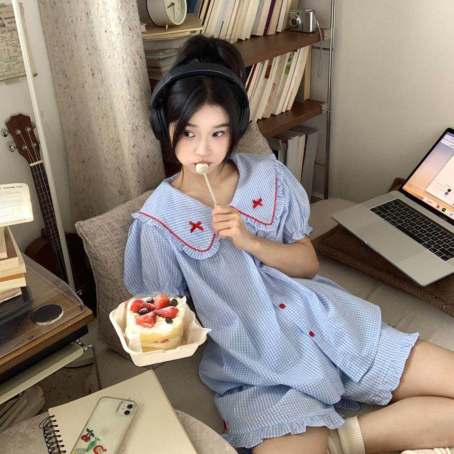 2026夏季新款甜美泡泡袖格子睡衣女可爱娃娃领短袖套装家居服外穿