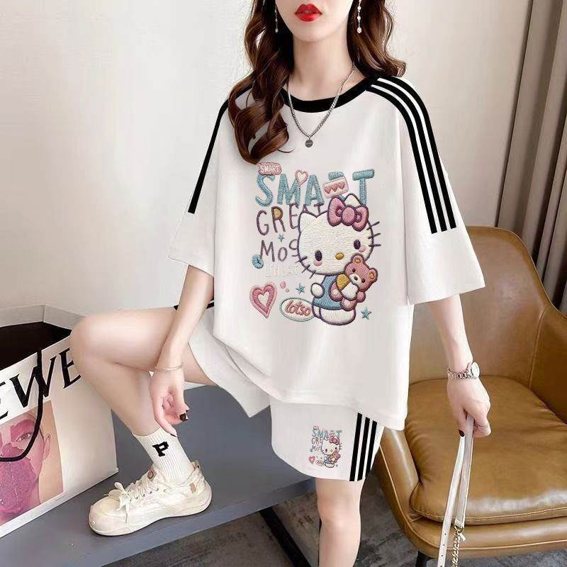 甜美可爱卡通猫印花短袖恤女生夏季穿搭设计感宽松休闲两件套
