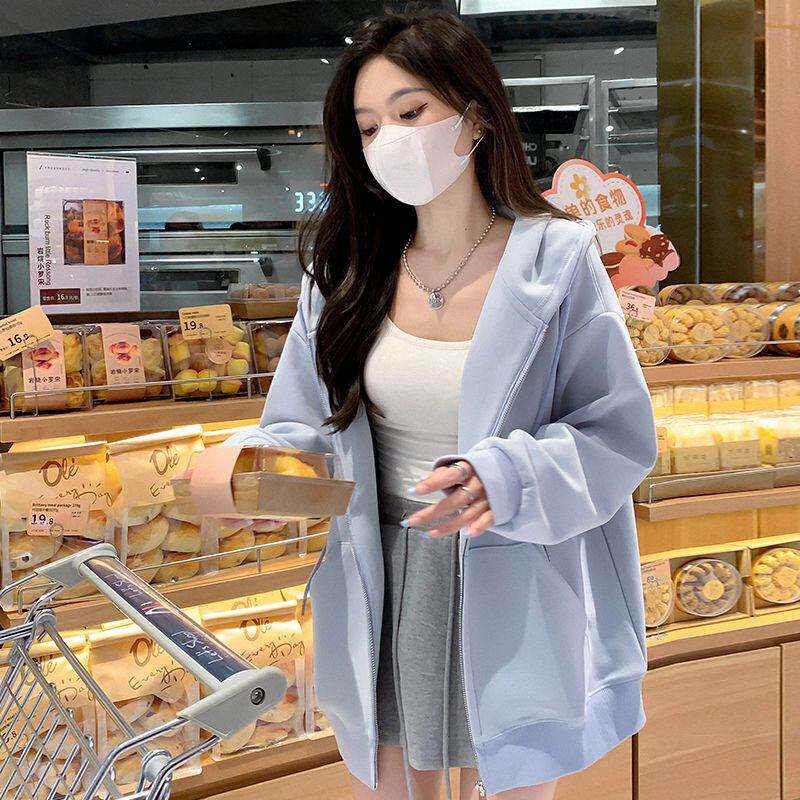 春夏加绒外套女加厚款连帽卫衣女2026新款爆款韩系灰色开衫上衣女