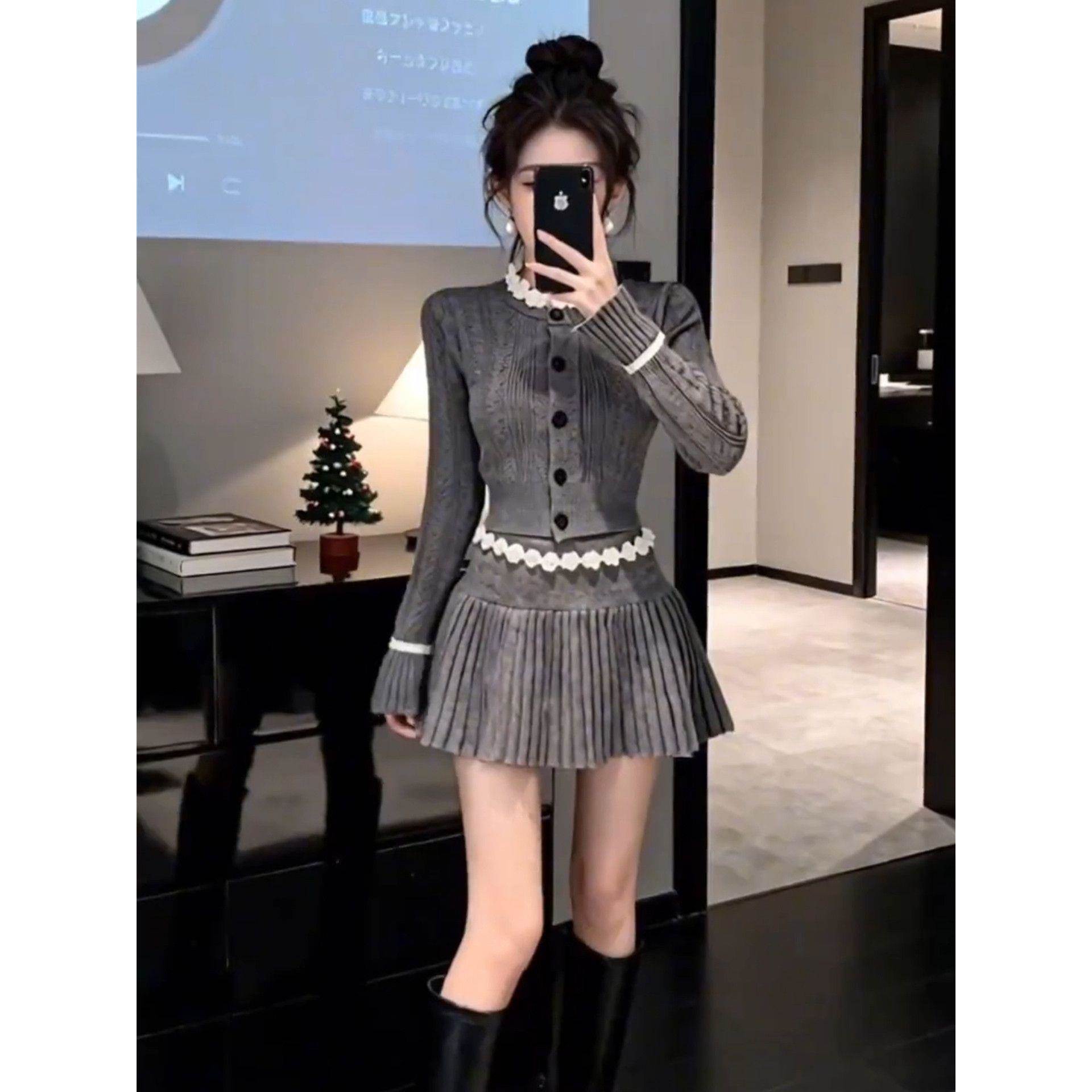 法式千金风灰色长袖针织衫上衣半身裙子两件套女冬季新款时尚套装