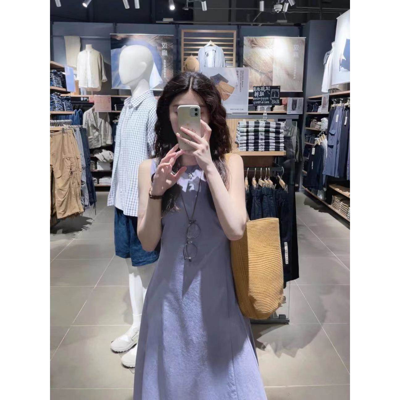 少女紫色一字领连衣裙纯色吊带气质显瘦字无袖长裙小众简约精致