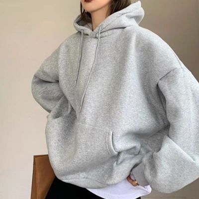 重磅棉美式灰色连帽卫衣女2025秋冬加绒纯色中长款慵懒宽松外套
