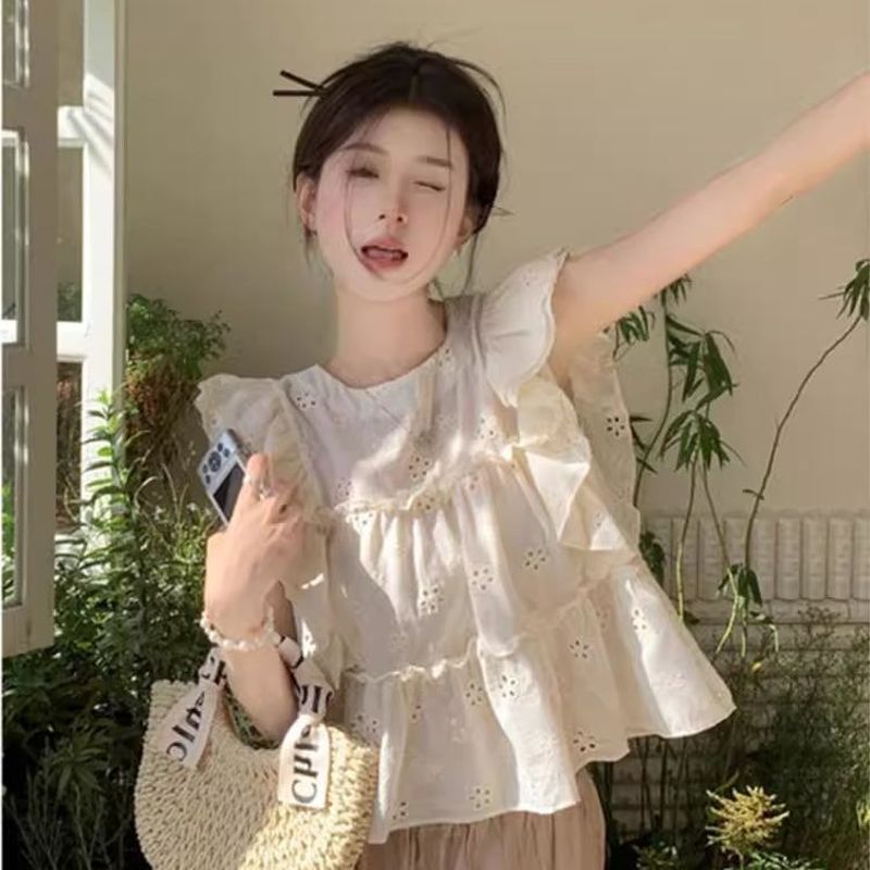 短款小飞袖上衣女夏季2025新款法式无袖娃娃衫荷叶边小衬衫miu系