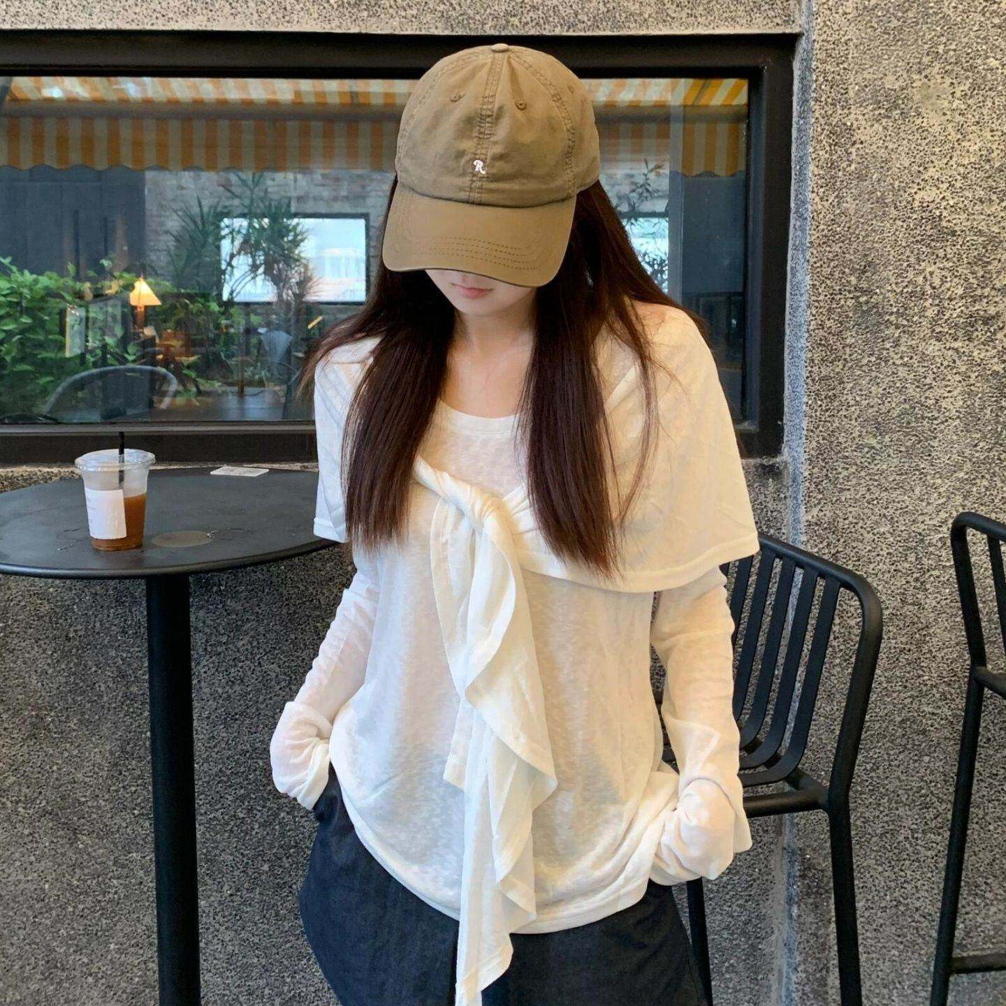 白色披肩恤两件套女秋季韩系慵懒松弛感巨好看防晒罩衫长袖上衣