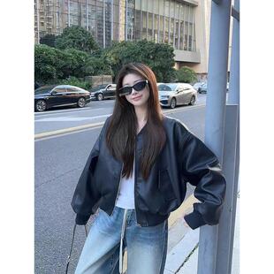 黑色短款棒球服皮衣外套女2025秋冬新款pu皮酷飒风复古宽松机车服