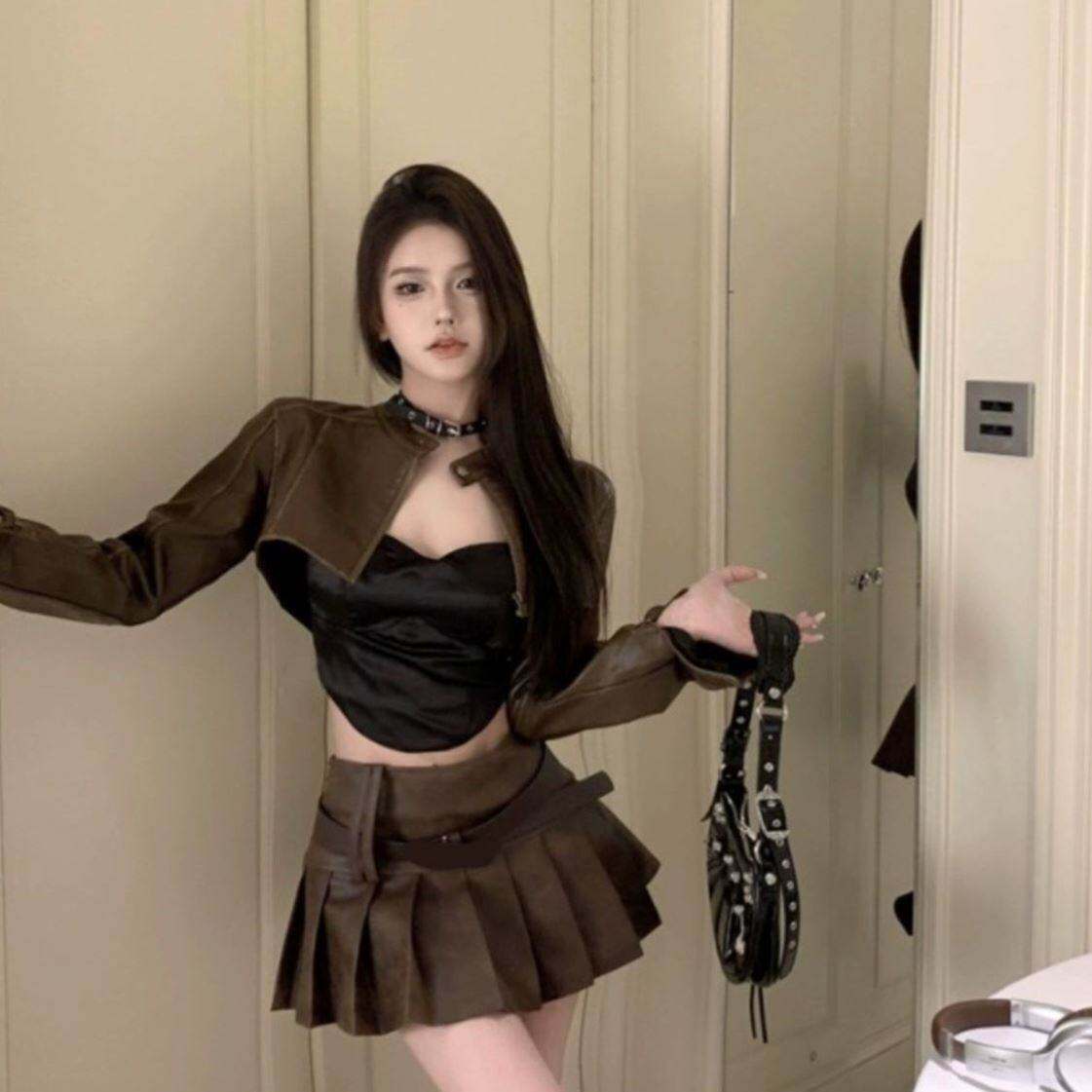 美式辣妹套装女初秋新款韩版简约机车皮衣外套女百褶半身裙两件套