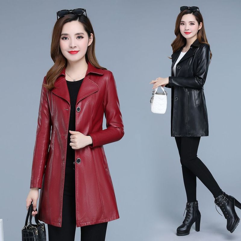 秋冬女装皮衣外套 OL气质韩版潮中长款翻领修身pu皮风衣 女式皮衣