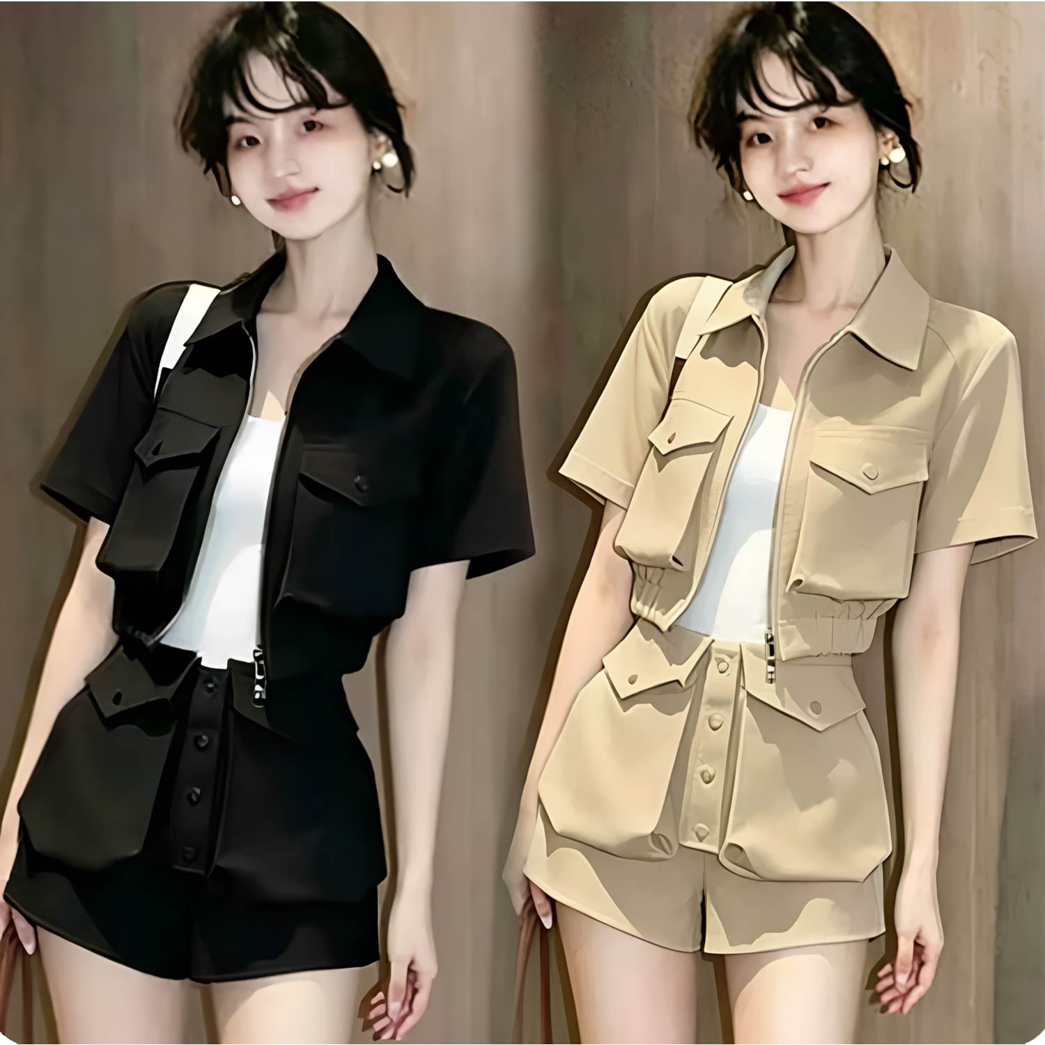 欧货休闲套装女夏季新款时尚显瘦短袖夹克工装短裤两件套运动穿搭