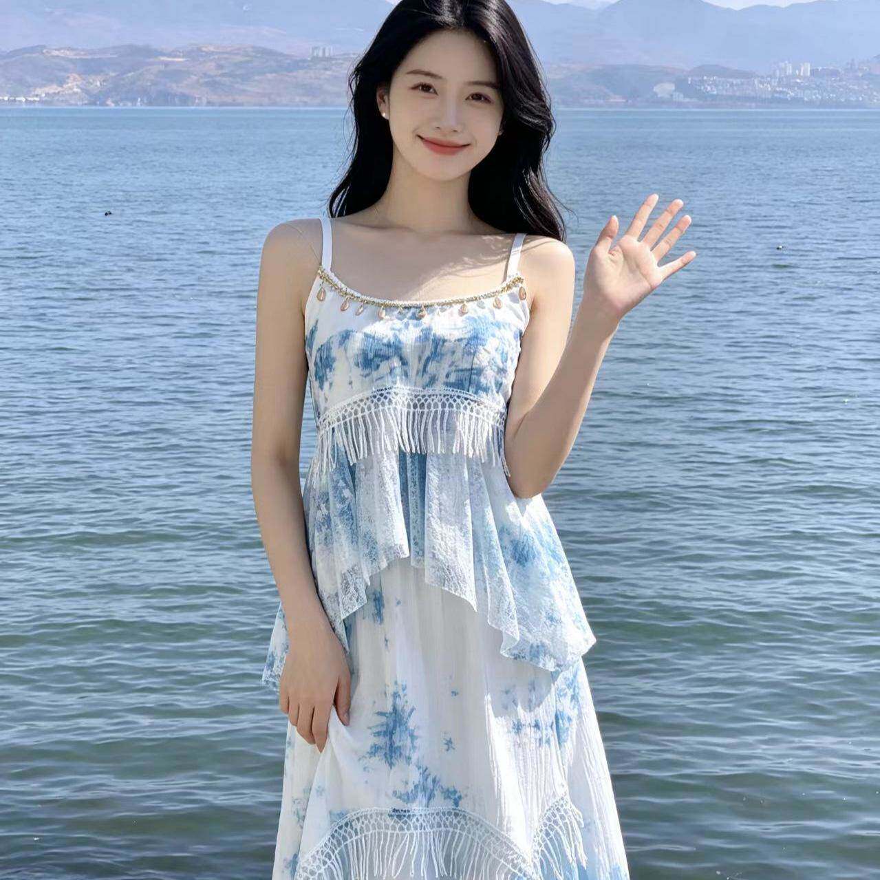 蓝白扎染吊带两件套裙子流苏蕾丝吊带裙海边旅游温柔风沙滩裙