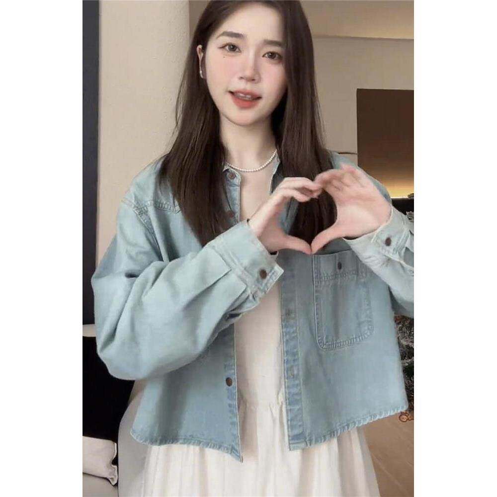 盐系复古牛仔衬衫女长袖春装新款港味浅色小众百搭短款夹克薄外套