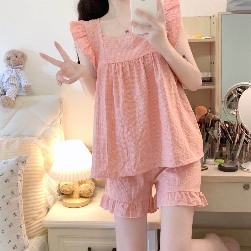 网红风新款夏季棉质睡衣女士春秋短袖短裤宽松夏天薄款家居服套装