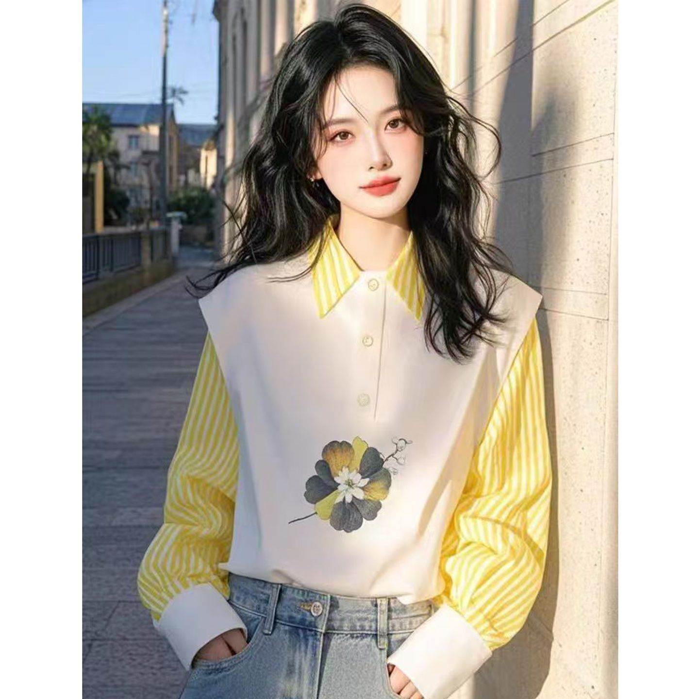 韩版设计感黄色条纹拼接印花领衬衫女高级感轻奢减龄洋气上衣